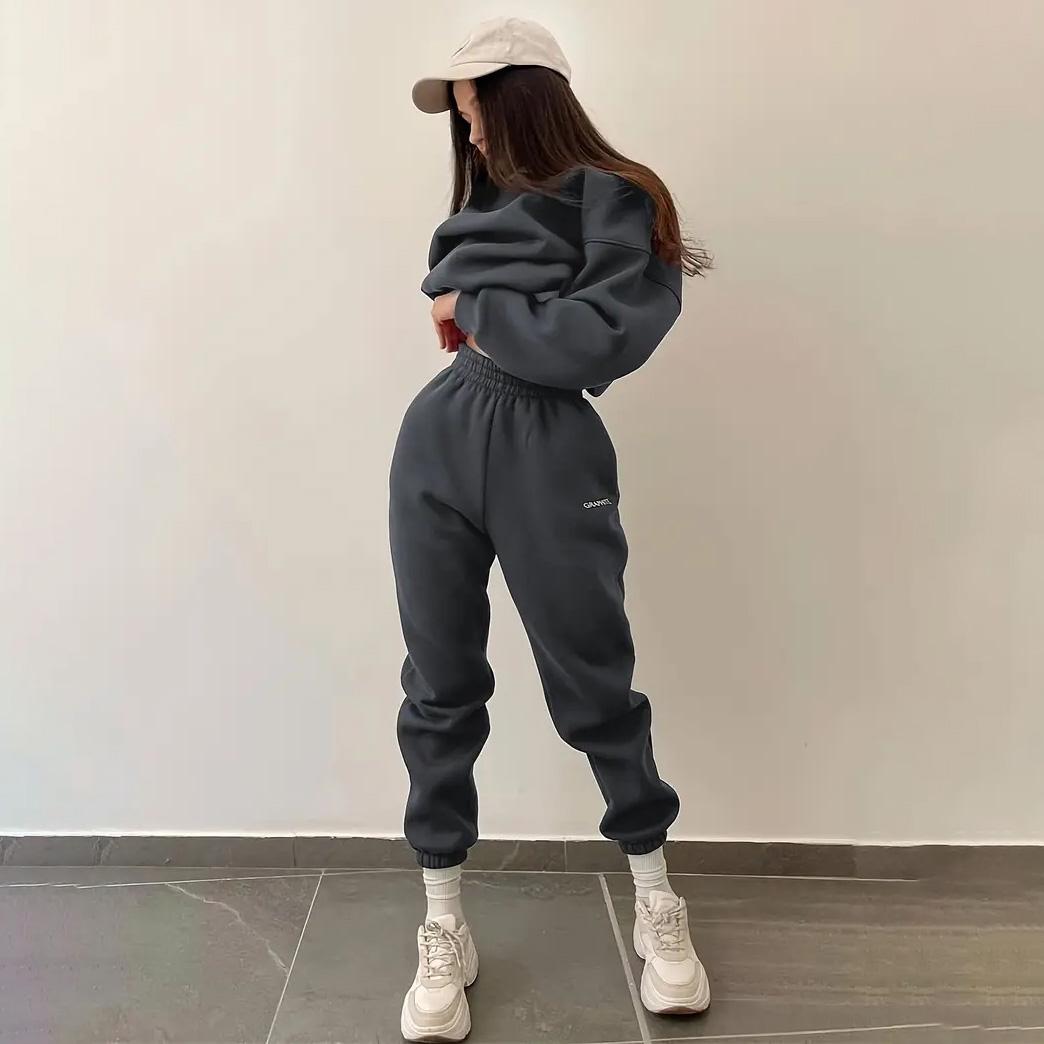 

Женский однотонный костюм с длинным рукавом и круглым вырезом, осенне-зимний свободный верх, широкие брюки XL темно-серого