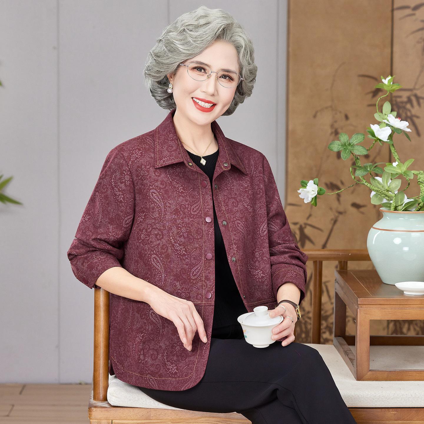 

Grandma Style Jacquard Lapel Jacket for Middle-Aged & Elderly Women - Spring/Autumn, Loose Plus Size 2XL (115-125 lbs)