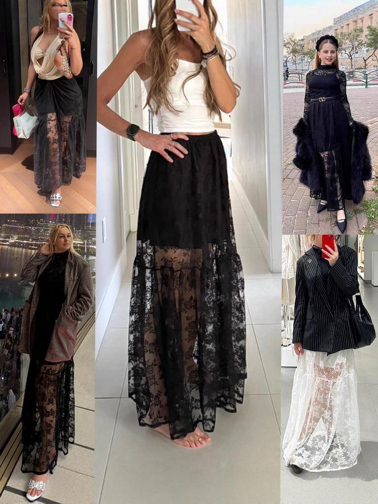 Elegant Sheer Lace A-Line Midi Skirt, Sizes S-5XL, European and American Style Fashion Skirt for Women
