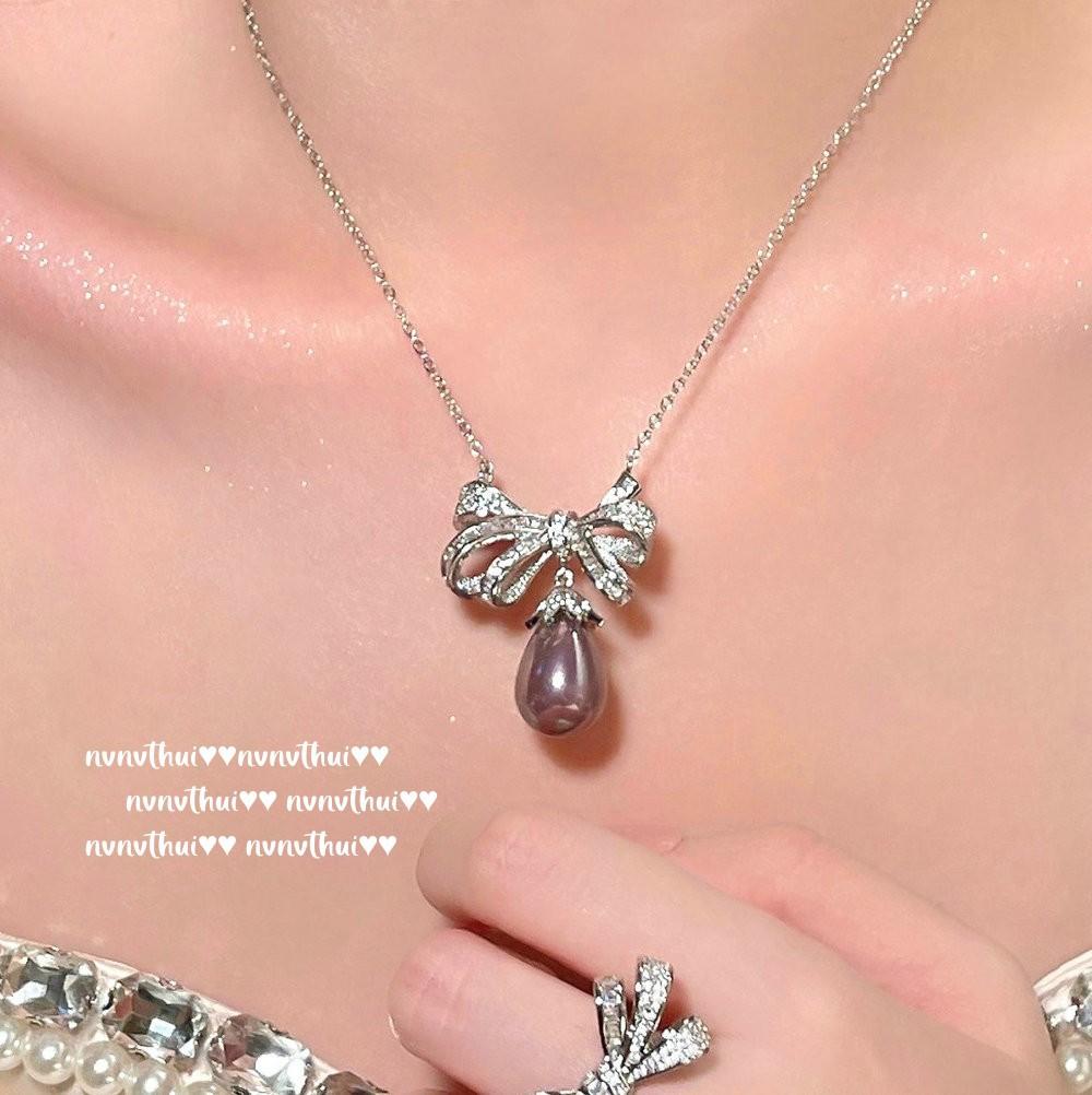 

Mermaid Princess Peacock Purple Pearl Bow Jewel Necklace, Tahitian Deep Sea Bead Earrings, Ring Set
