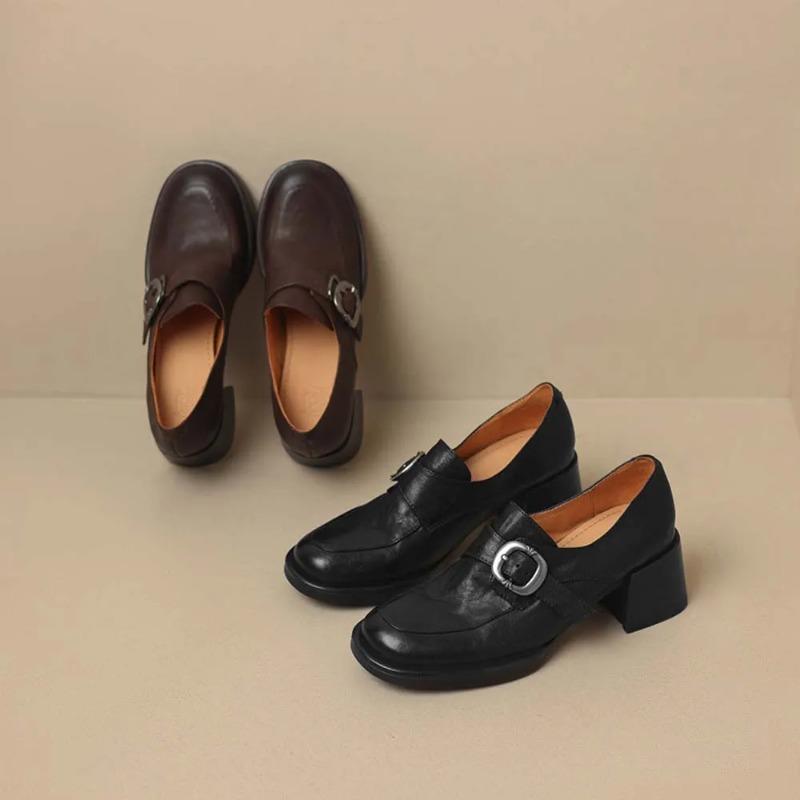 Women Leather Platform Loafers Fashion Slip On Chunky Shoes Retro Style Female Officel Pumps Moccasins Women's Mary Jane Shoes