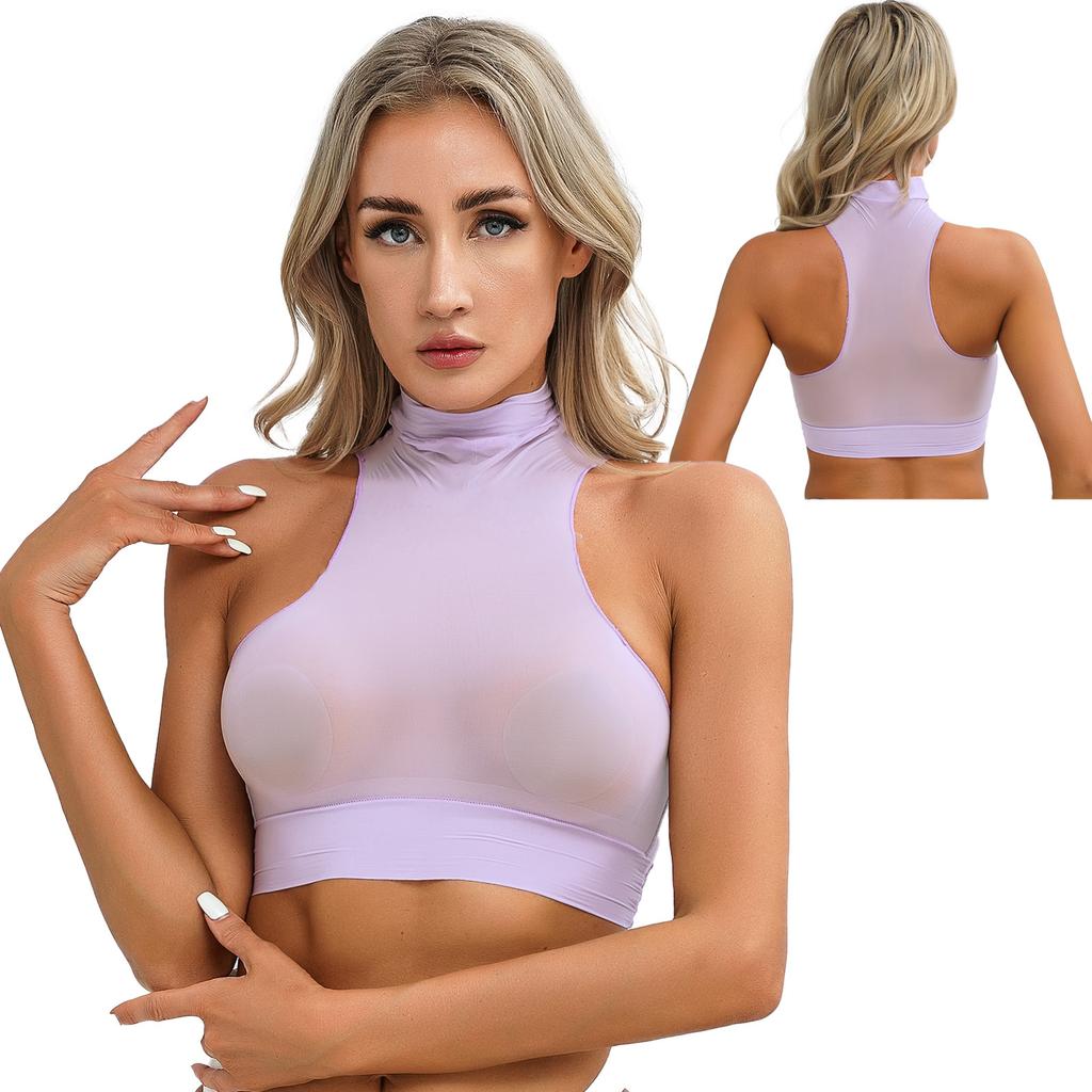 Womens Mock Neck Sleeveless Sheer Crop Top Glossy See Through Vest