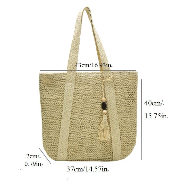 New shoulder tassel straw woven bag women s casual woven bag large capacity tote women s bag vacation seaside beach bag Edge zipper