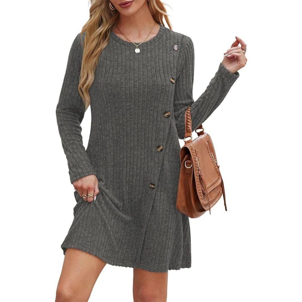 Women's Ribbed Knit Long Sleeve Dress with Side Buttons and Pockets Casual Fall Mini Dress