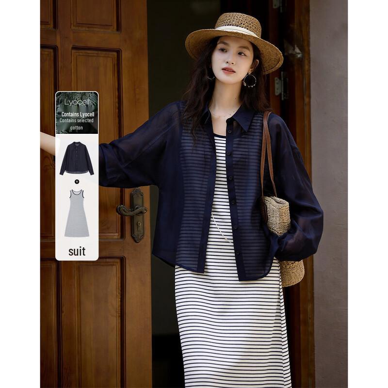 Women s Lyocell-Cotton Blend Striped Lapel Shirt Dress L