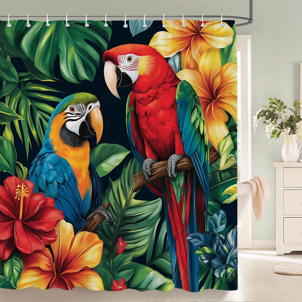 Tropical Plants, Flowers and Birds Shower Curtain, Bathroom Decorative Shower Curtain, Print Polyester Fabric Curtain with Hooks