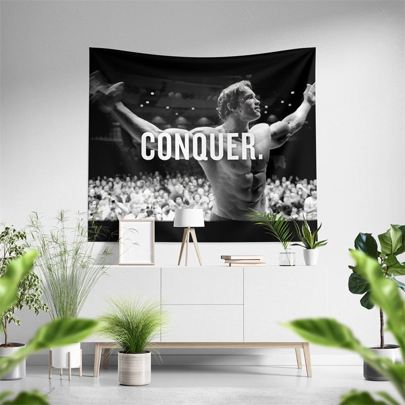 Aertemisi Arnold Schwarzenegger Conquer Motivational Tapestry Wall Hanging Art for Bedroom Living Room Decor Party Backdrop