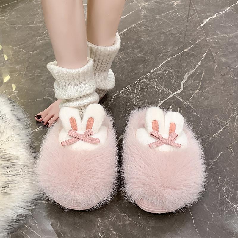 Söta Plyschtofflor Dam Höst Vinter Nya Utomhus Hemmaskor för Kvinnor Tjocksulade Plysch Varma Bomullstofflor Tofflor Dam