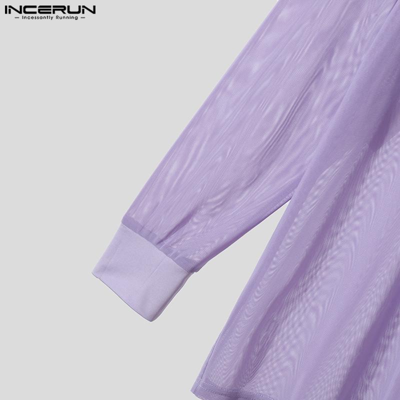 INCERUN Men Mockneck Long Sleeve Mesh Tops Party Button Down Fishnet Shirts
