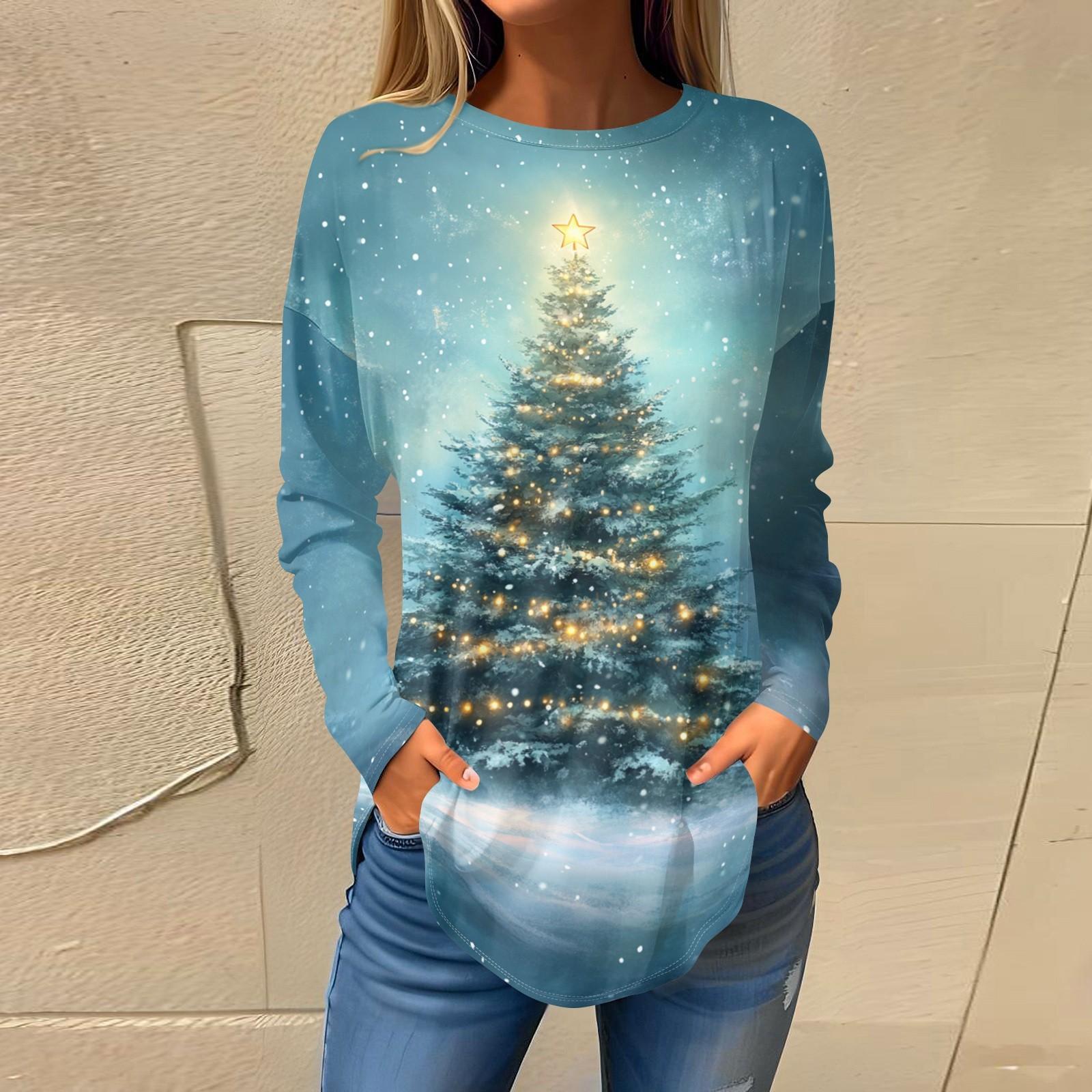 

Футболки для женщин, осенние повседневные рубашки с длинным рукавом, толстовки с винтажным графическим принтом, топы, пуловеры, рождественские XL