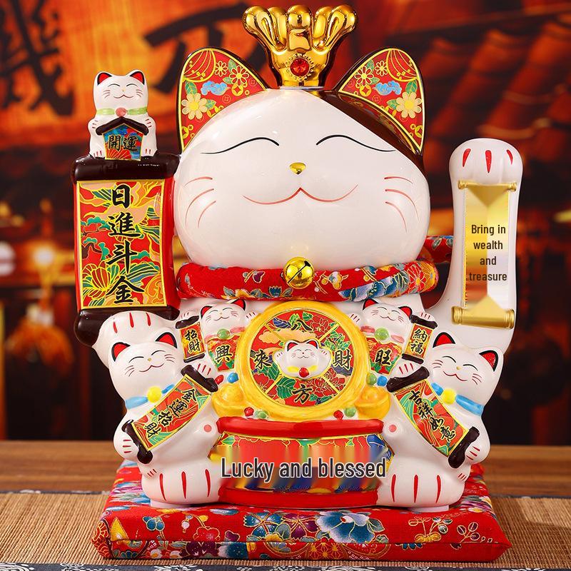 Automatic Waving Ceramic Lucky Cat Figurine - Perfect for Housewarming, Cash Register, or Living Room Decor