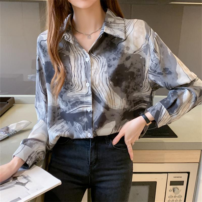 Jarní volné Dámská košile Ink Splash Print Košile s dlouhým rukávem Dámská košile s dlouhým rukávem Zapnout Neck Blusas Mujer De Moda 2022