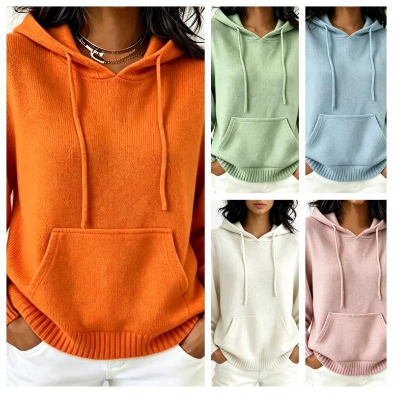 Hooded Knitted Hoodie Women's Autumn/Winter Hoodie Drawstring Pocket Sweater Women's Casual Solid Color Women