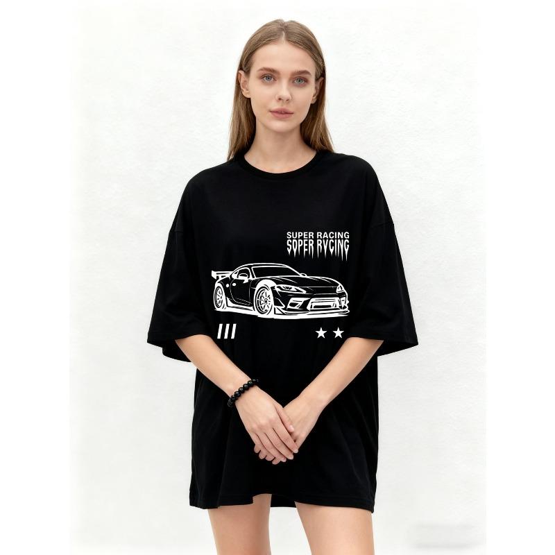 Oversized T Shirt Black Super Racing Car Graphic Print Streetwear Fashion Casual Wear