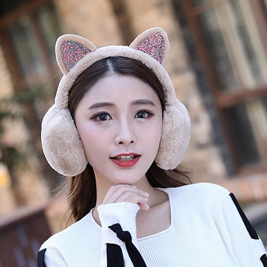 Women Lovely Winter Cats Ear Warmer Shiny Glitter Earmuff Cold Protection Warmer