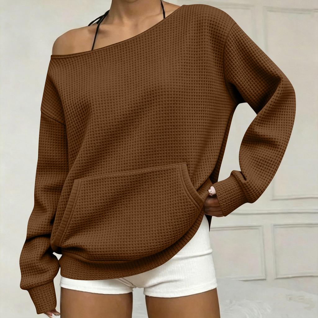 Women's Fashion Casual Off-Shoulder Long Sleeve Knit Sweatshirt with Pockets