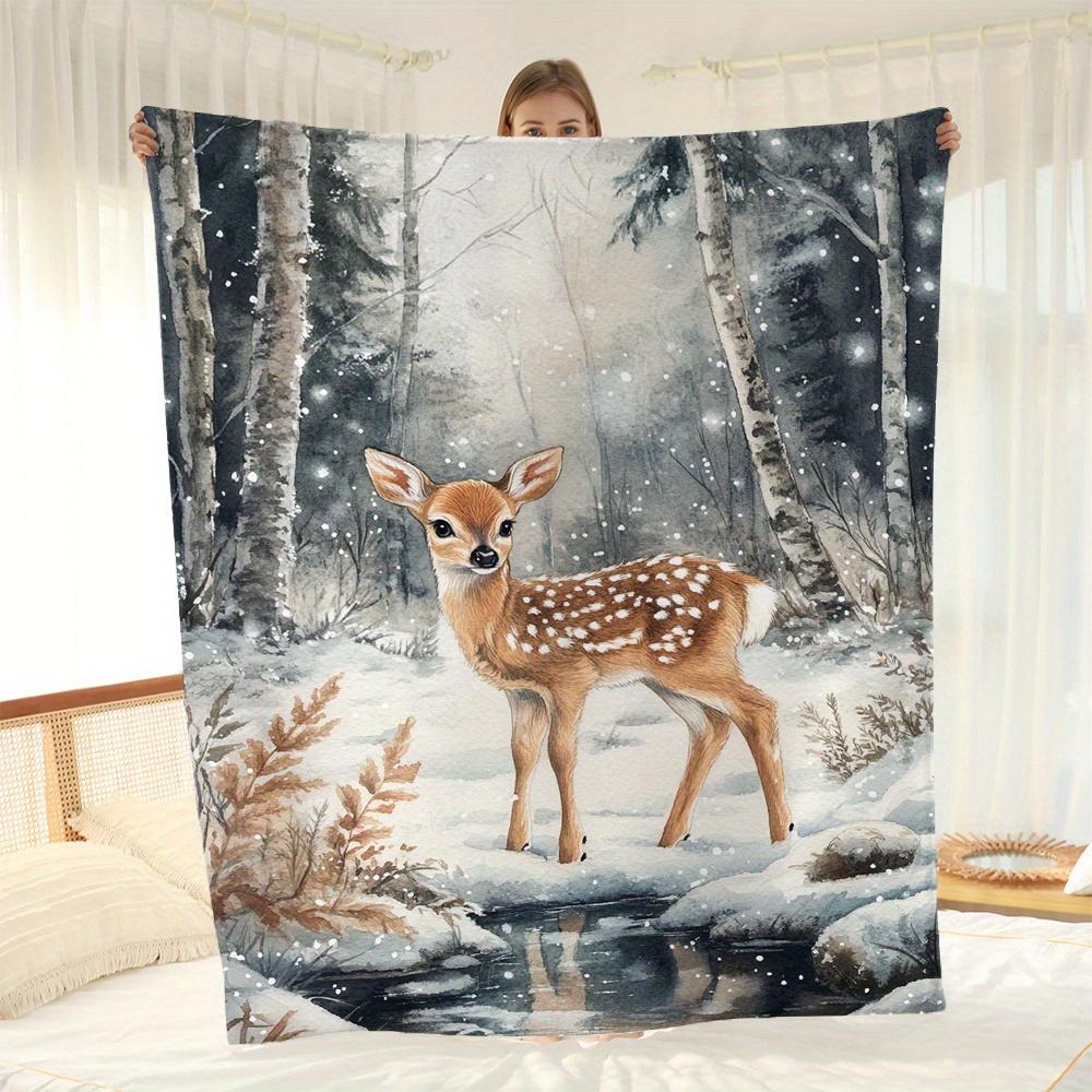 

Cozy Winter Scene Fleece Throw Blanket with Cute Deer - Perfect for All Seasons 70x100cm