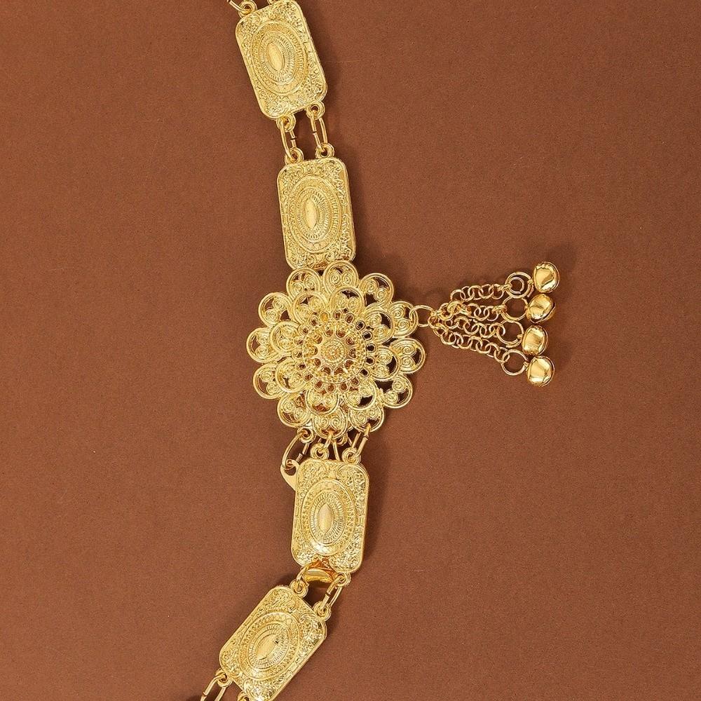 Retro Water-Sprinkling Festival Waist Chain Carved Design Hollow Out Thai Belly Waist Chain Gold Color Tassel Detail Metal Belt