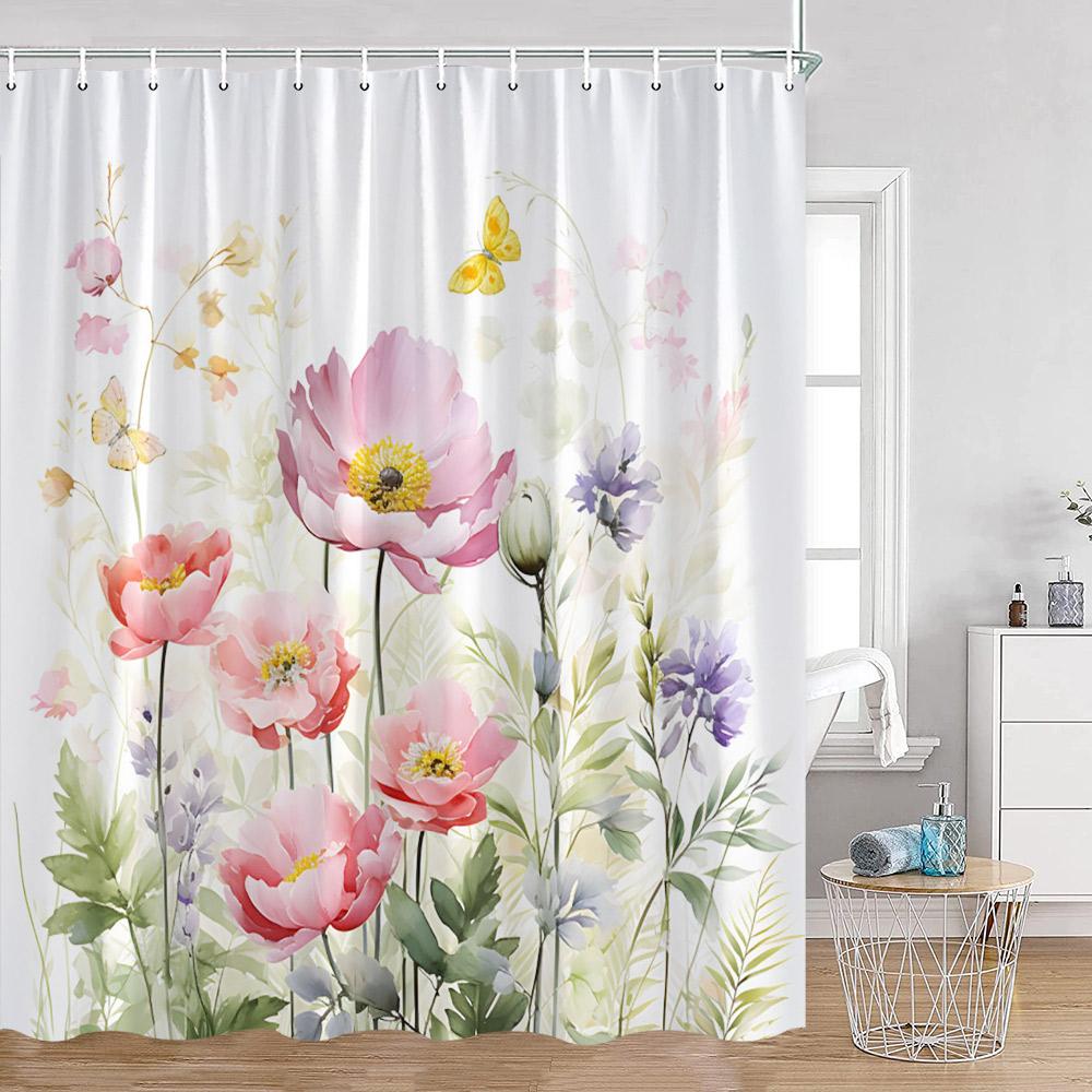 Watercolor Flowers Shower Curtains Colorful Flower Green Plants Botanical Bathroom Decorations Modern Aesthetic Bath Curtains