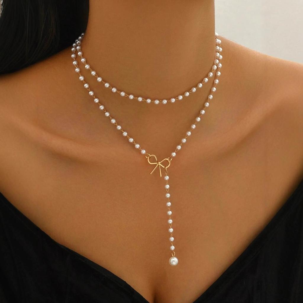 Mother's Day Gift Imitation Pearl Adjustable Length Bowknot Y-Necklace Romantic Fashion 2pcs/Set For Women For Daily Wear And Party Jewelry