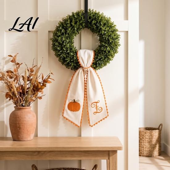 Thanksgiving Door Hanging Decor Halloween Pumpkin Wreath Sash for Fall Front Decor Orange Scalloped Fabric Decorative Scallops Ribbon with