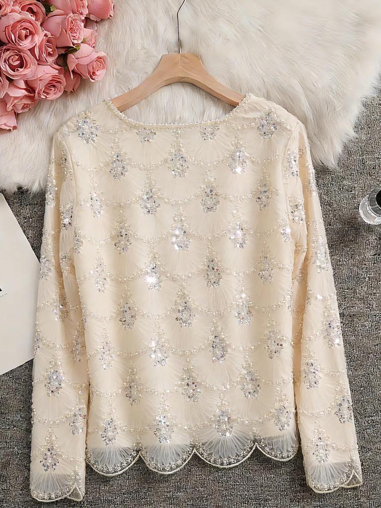 Elegant Handmade Pearl Tassel Top - Apricot Long Sleeve Party Wear