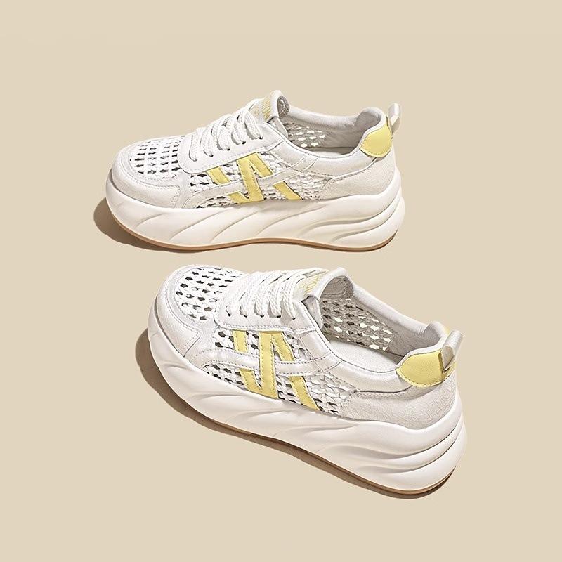 Summer New Hollow Leather Thick Sole Height Increase 6cm Fashion Casual Shoes Women's Versatile Breathable Sports Shoes