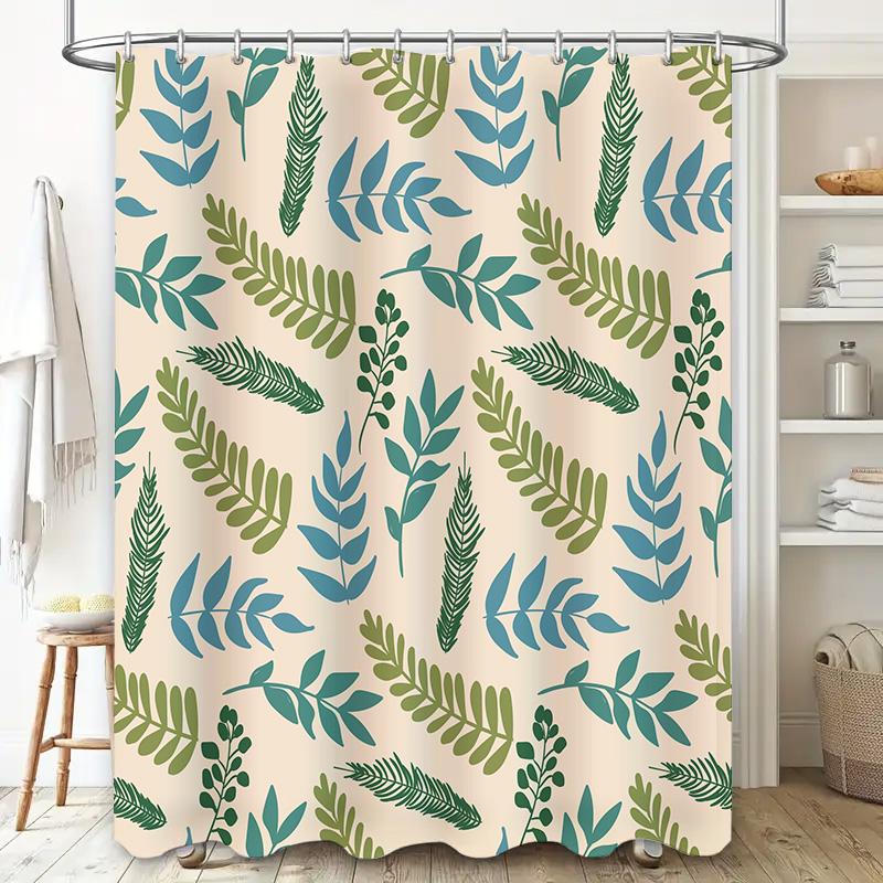 Modern Bath Shower Curtain with Leaves Print Beige Blue Green Fabric Waterproof Home Decor Window Decoration Panel Size 72 x 84
