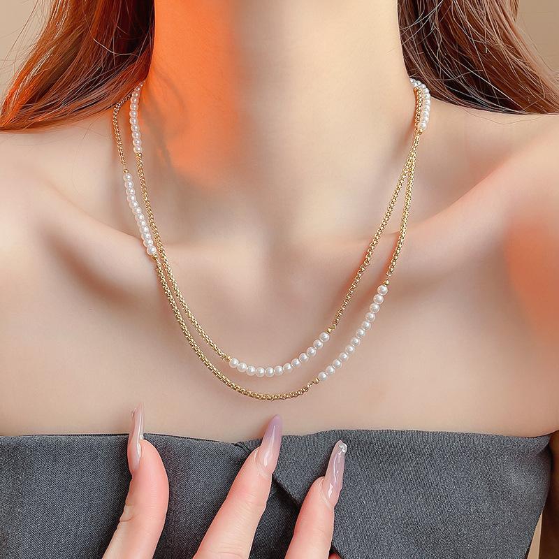 Vintage imitation pearl beaded double stacked collarbone necklace French niche neck necklace