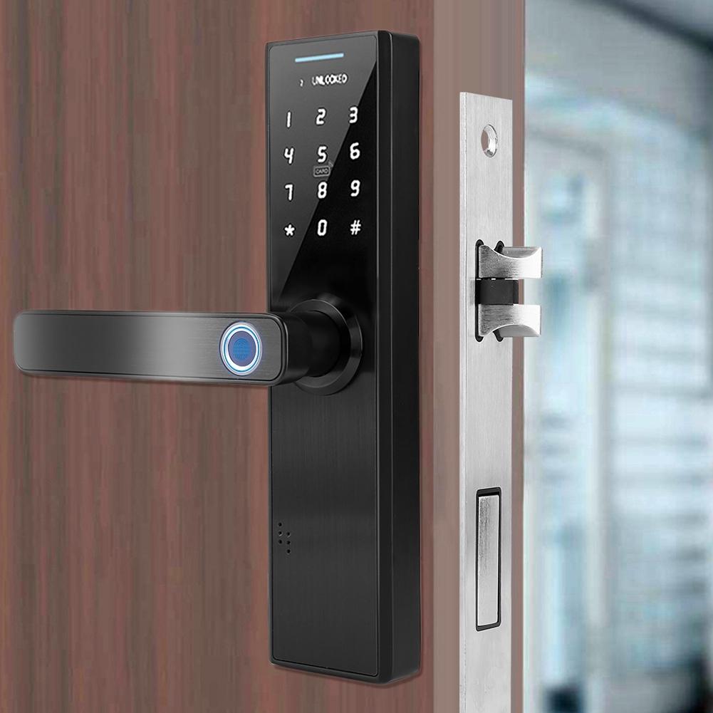 Electronic Smart Fingerprint Password Card Double Tongue Door Lock Touch Screen with Key(Black)