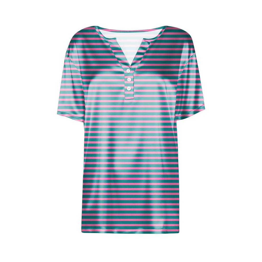 Damesmode Casual Gestreept Print Kraag Korte Mouw Knopen T-shirt