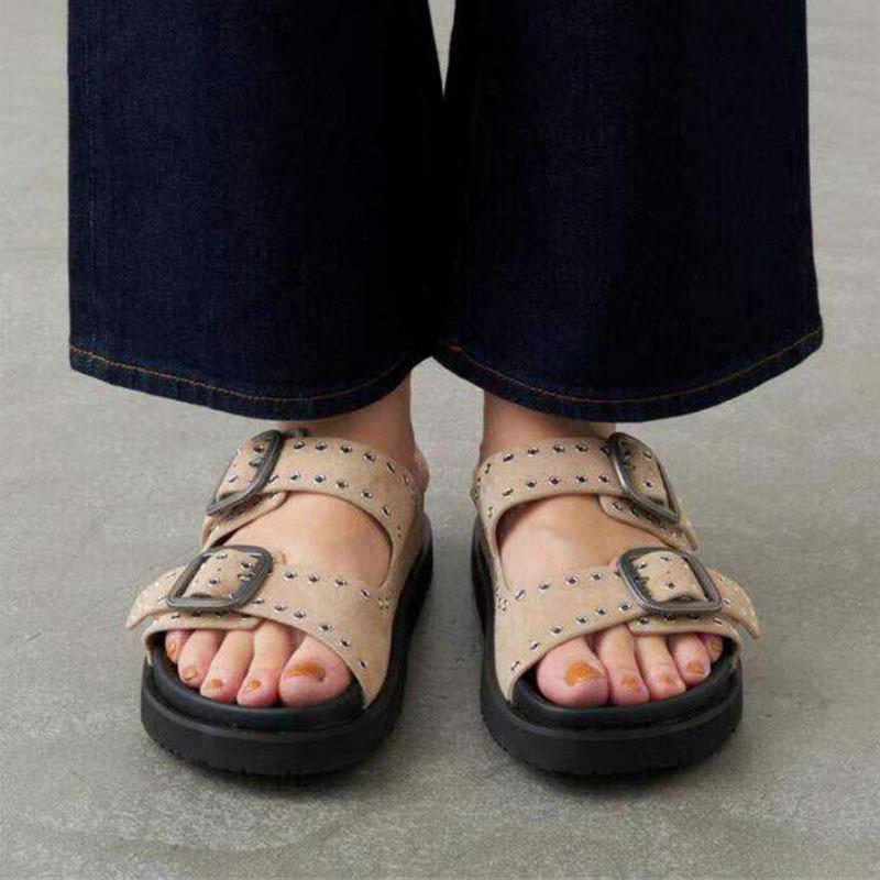 Fashion Summer Thick Soled Belt Buckle Rivet Women's Outdoor Slippers New Flat Round Toe Retro Casual Commuting Beach Sandals Size36-43