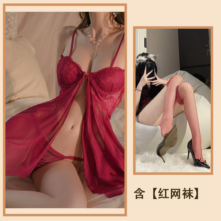 Sexy with Steel Tray Lace Seduction Pajamas Sexy Gathering Front Split Pajamas Women Hot Uniform Women