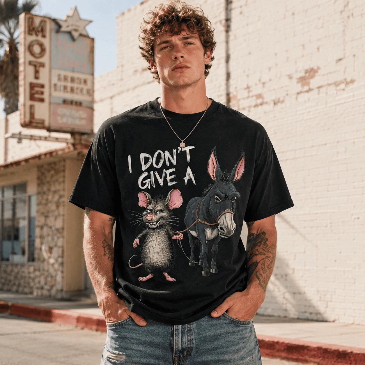 I Don’t Care Funny Donkey Mouse Cartoon Graphic T-Shirt Humor Meme Tee XS