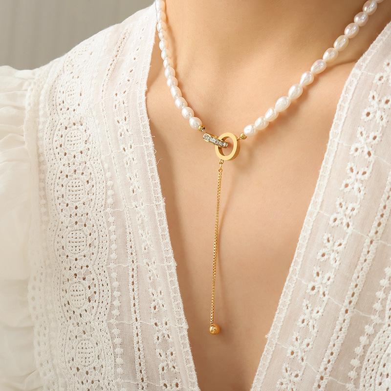 Modern Elegance: Freshwater Pearl and Titanium Steel Tassel Necklace