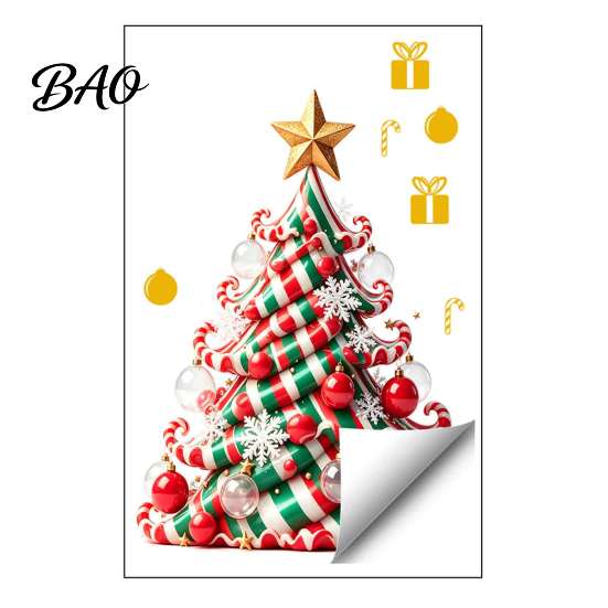 Creative Seasonal Ornaments Christmas Tree Window Decals, Candy Striped Snowflake Wall Stickers, Waterproof Easy Peel Graphics PVC Removable