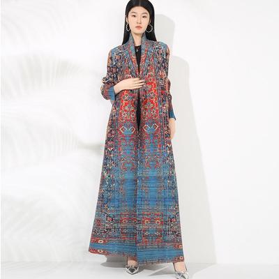 Pleated Printed Long Trench Coat for Women - 2025 Spring Lapel Loose Fit Plus Size Long Sleeve Robe