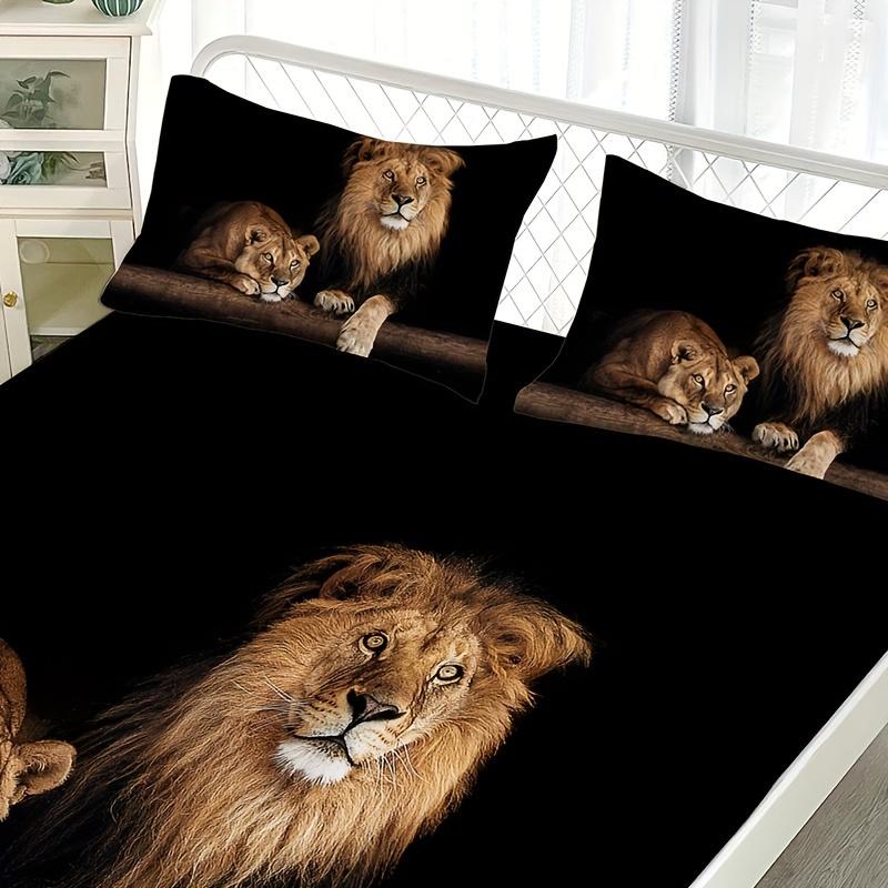 3pcs Fitted Sheet Set Black Lion Animal 3D Printed 100% Polyester Cover Breathable Bedding Set Home Decor with 2 Pillowcases