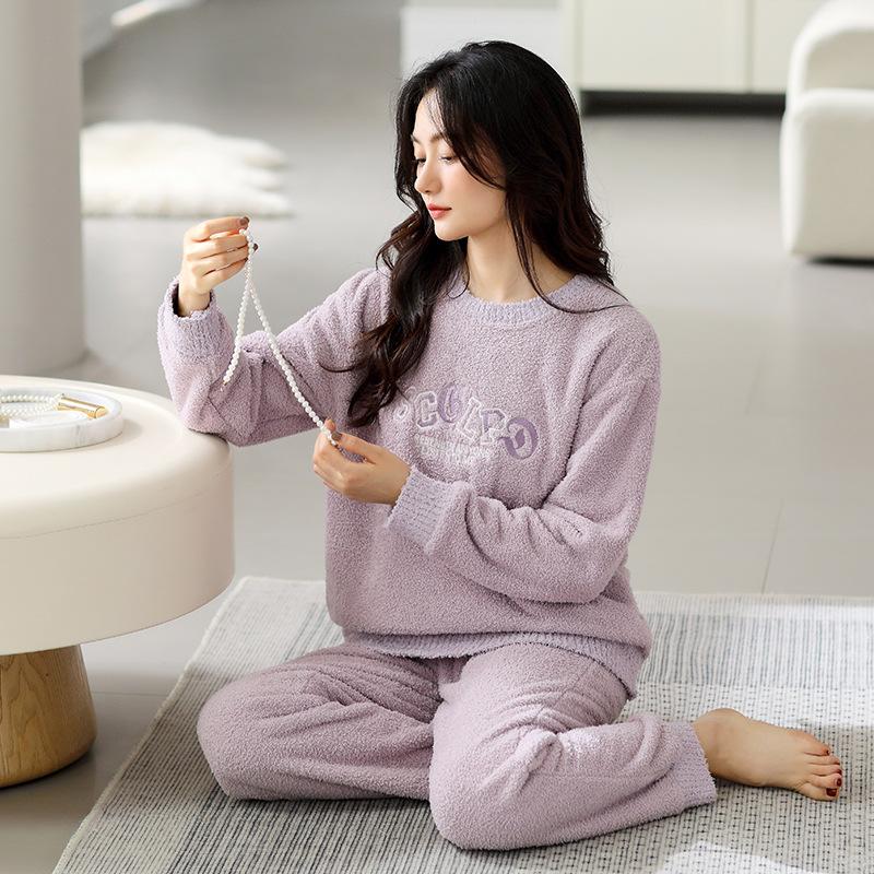 Half Fleece Pajamas Women'S Winter Thickened Fleece Women'S Autumn And Winter Coral Fleece Can Be Worn Outside Soft Winter Loungewear