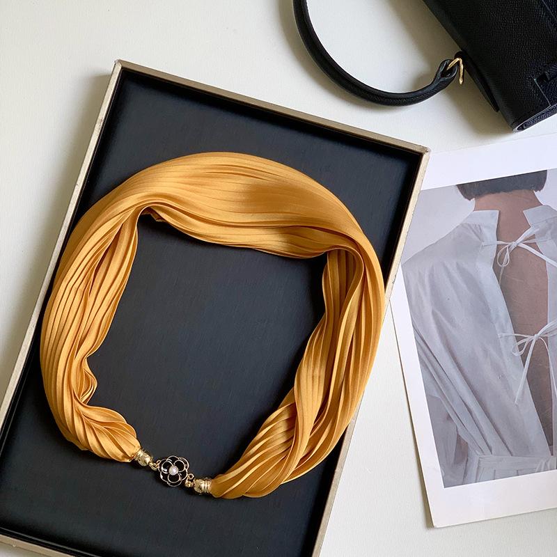 New Monochrome Magnetic Variety Silk Scarf Necklace Women's Pleated Summer Sunscreen Headscarf Decorative Scarf