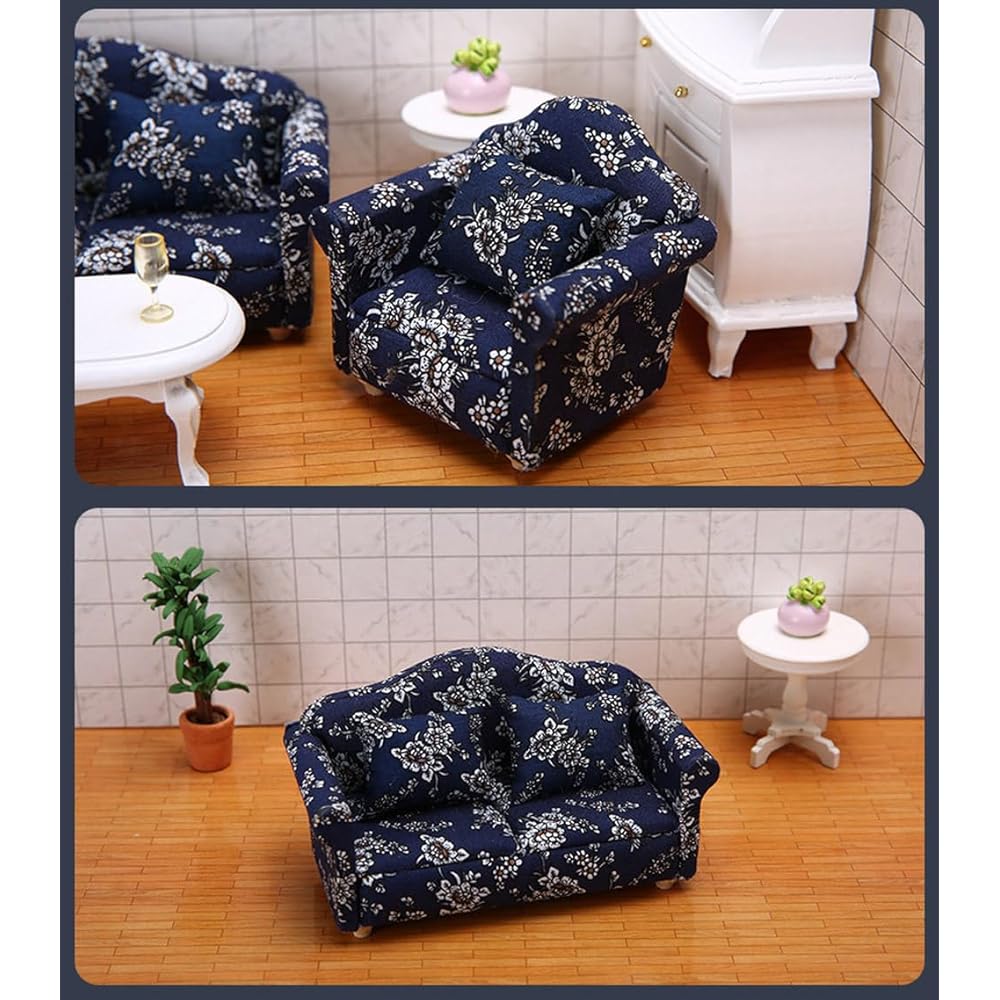 Moin Moin Miniature 1/12 Scale Furniture Sofa Set 3 Pieces White Floral Fabric Dollhouse Accessories