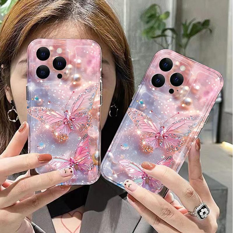 Phone Case For Xiaomi 13 12 11 Lite 5G 14 13 14T 13T 12T For Xiaomi 17 Pro Max Diamond Pearl Butterfly Pattern Transparent Cover