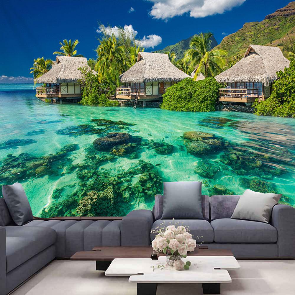 Ocean View Wall Tapestry Forest Waterfall Lotus Decoration Wall Carpet Beach Tapestry Living Room Bedroom Background Cloth