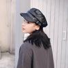 Classic Large Belt Buckle Beret Hat Flat Top Black Newsboy Cap PU Leather Punk Style Painter Hat