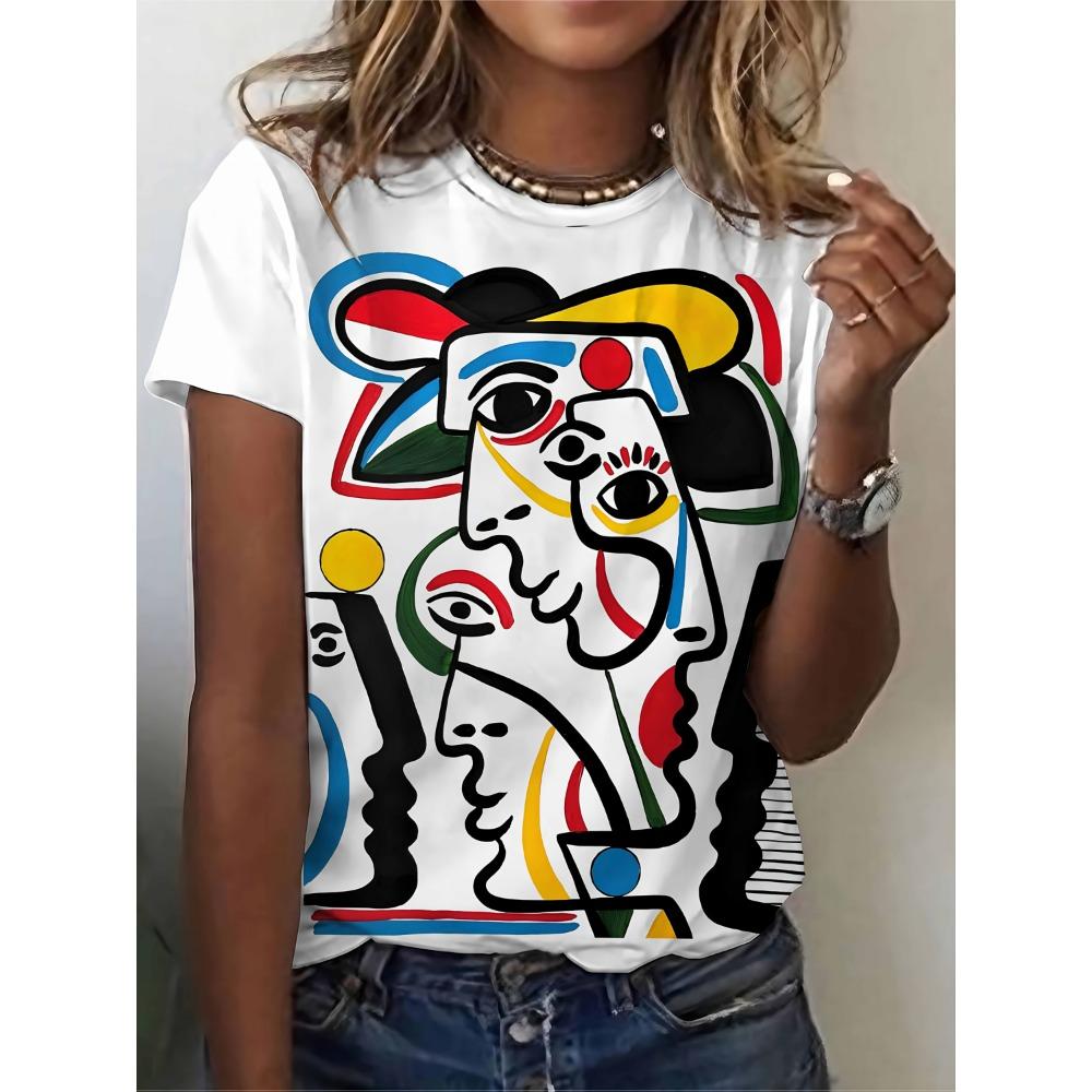 Abstract face printed T-shirt, women's fashionable top