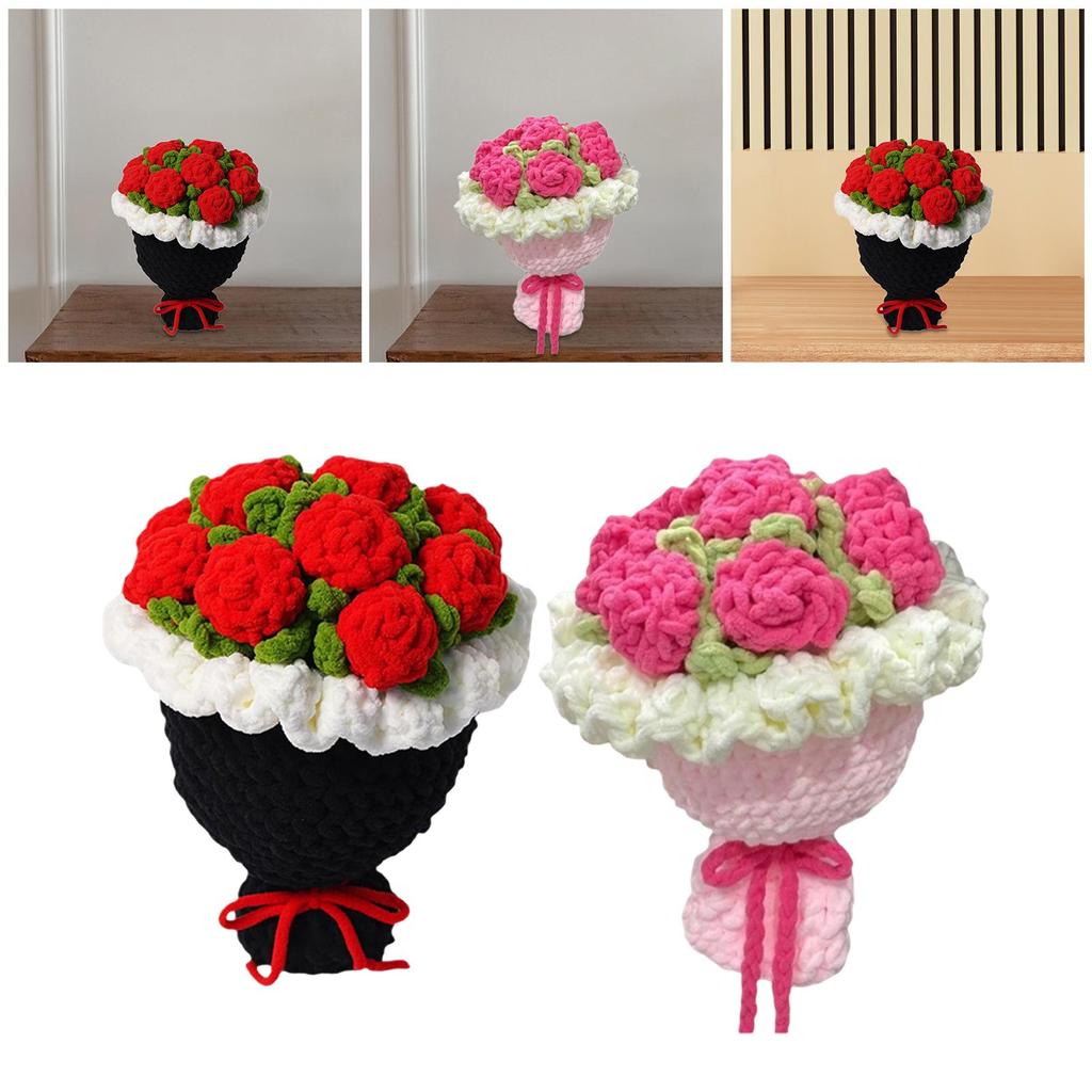 Crochet Rose Flower Bouquet,Creative Sturdy Table Centerpiece Woven Finished Handmade Knitted for Home Festival Party Wife Women
