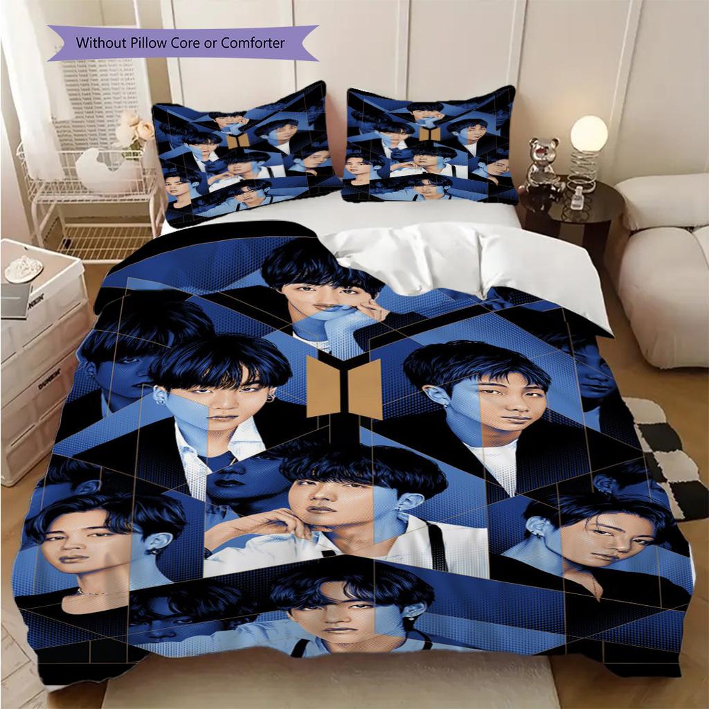 Bts Globale Musik-Sensation Dreiteiliges Set (1 Bettbezug + 2 Kissenbezüge, ohne Füllung) 2D flaches Weihnachts-Geburtstagsgeschenk Bettbezug und Kissenbezug