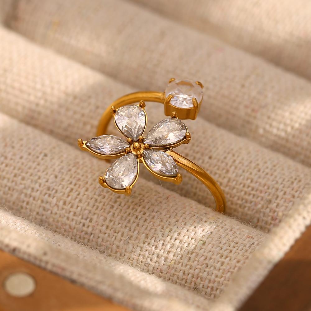 Das. Muses Luxus Funkelnder Zirkonia Blume Edelstahl Damen Offener Ring High-End Wasserdicht Zirkon Geschenke