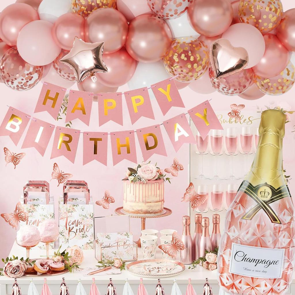 Rose Gold Birthday Party Decorations Kit for Women Girls, Foil Confetti Rose Gold Balloon Pink Happy Birthday Banner Fringe Curtains Butterfly Decor