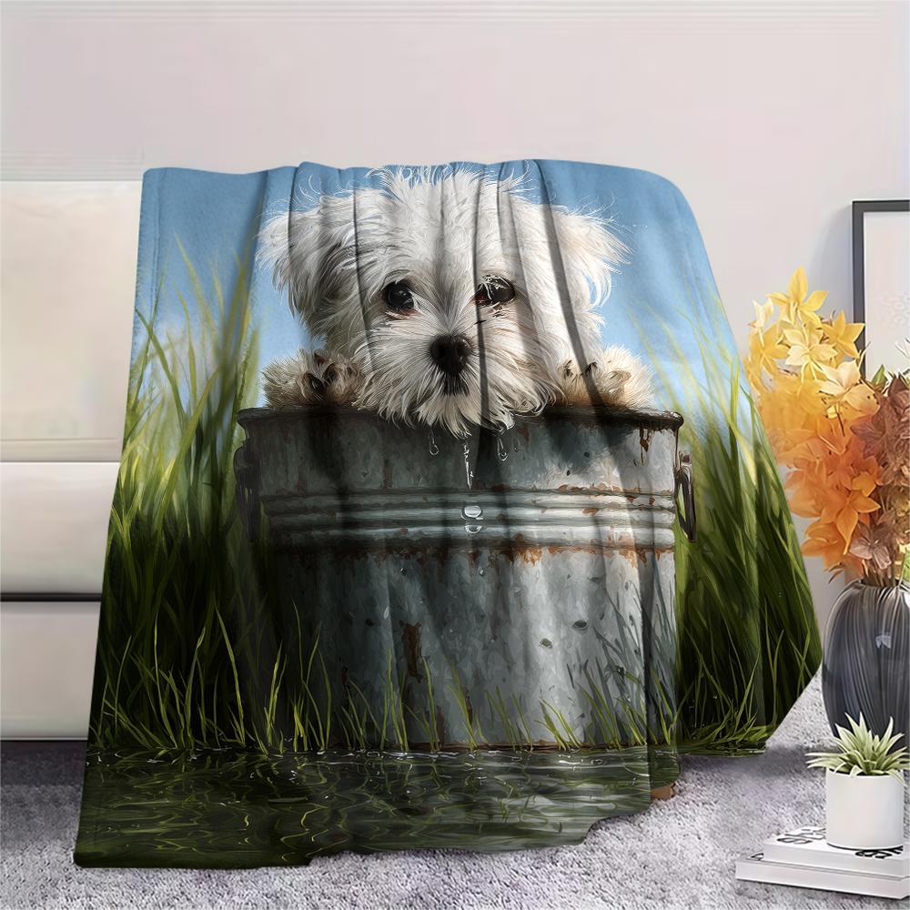 Maltese Dog and Grass,pattern Flannel Blanket, High Quality Comfortable for All Seasons, Home Decor, Warmth and Comfort, Perfect for Gifts.